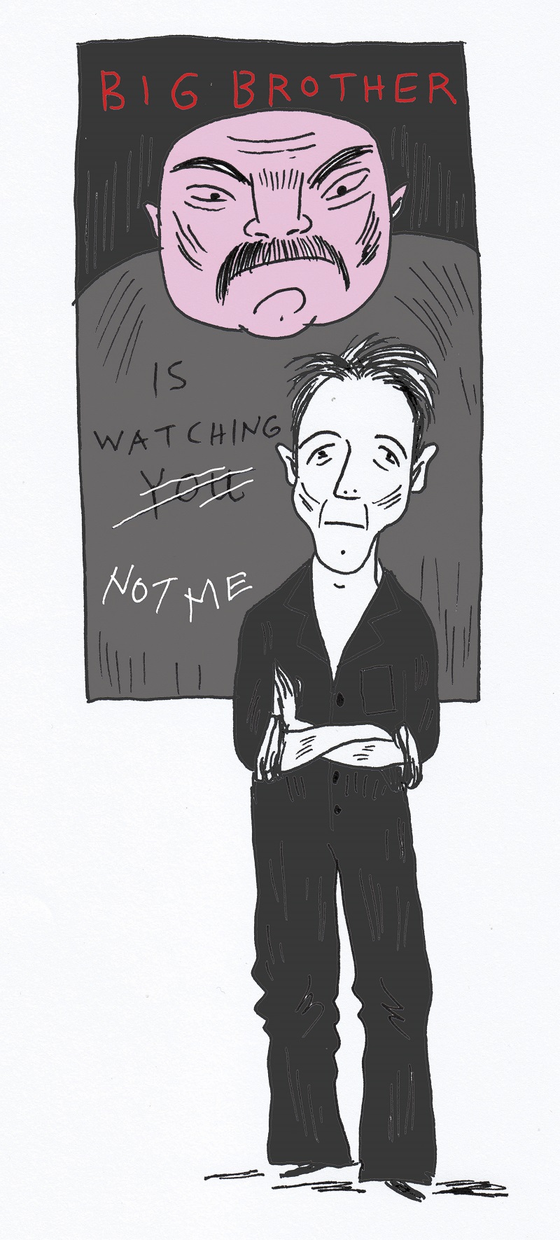A cartoon illustration by John Levers of 1984's Winston Smith in front of a poster that reads "Big Brother is watching you"